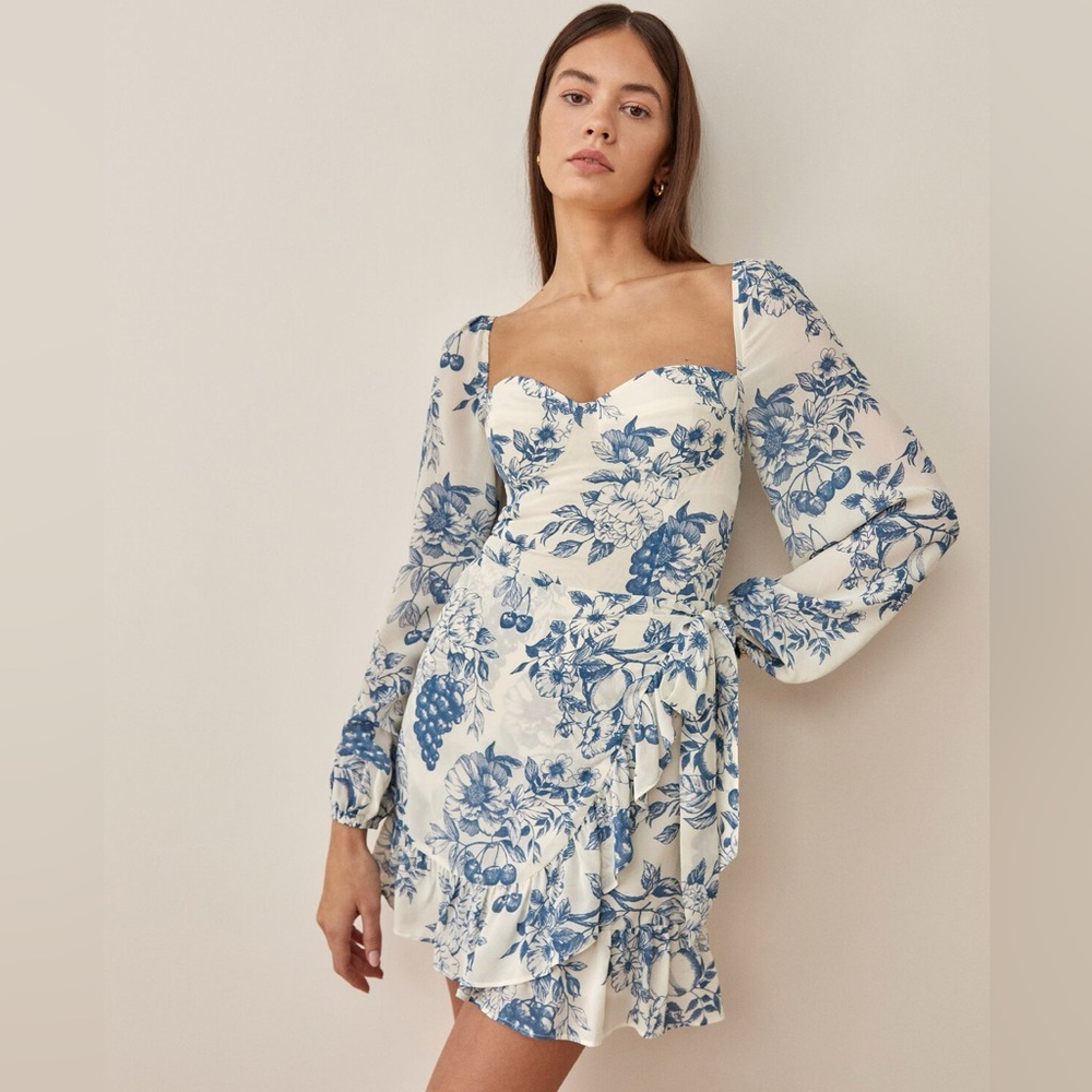 Reformation Cammi long-sleeve wrap minidress Corsica blue white floral XS size 0
